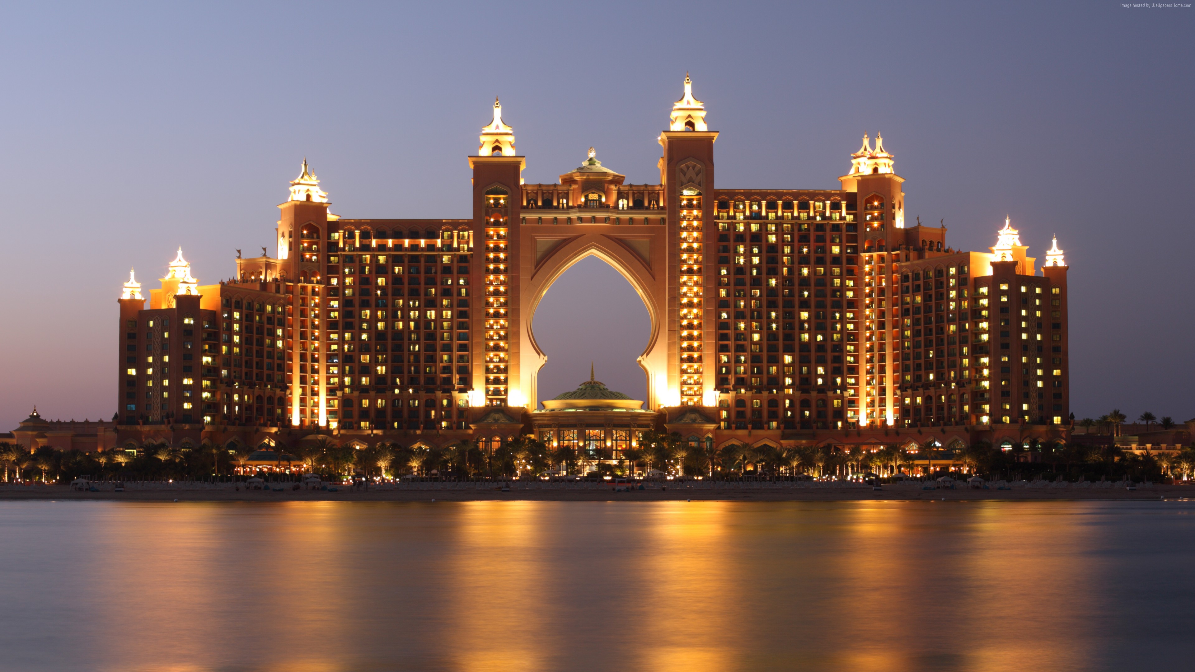Wallpaper Atlantis, Dubai, Hotel, night, resort, sea, ocean, water, sky, travel, vacation, booking, Architecture